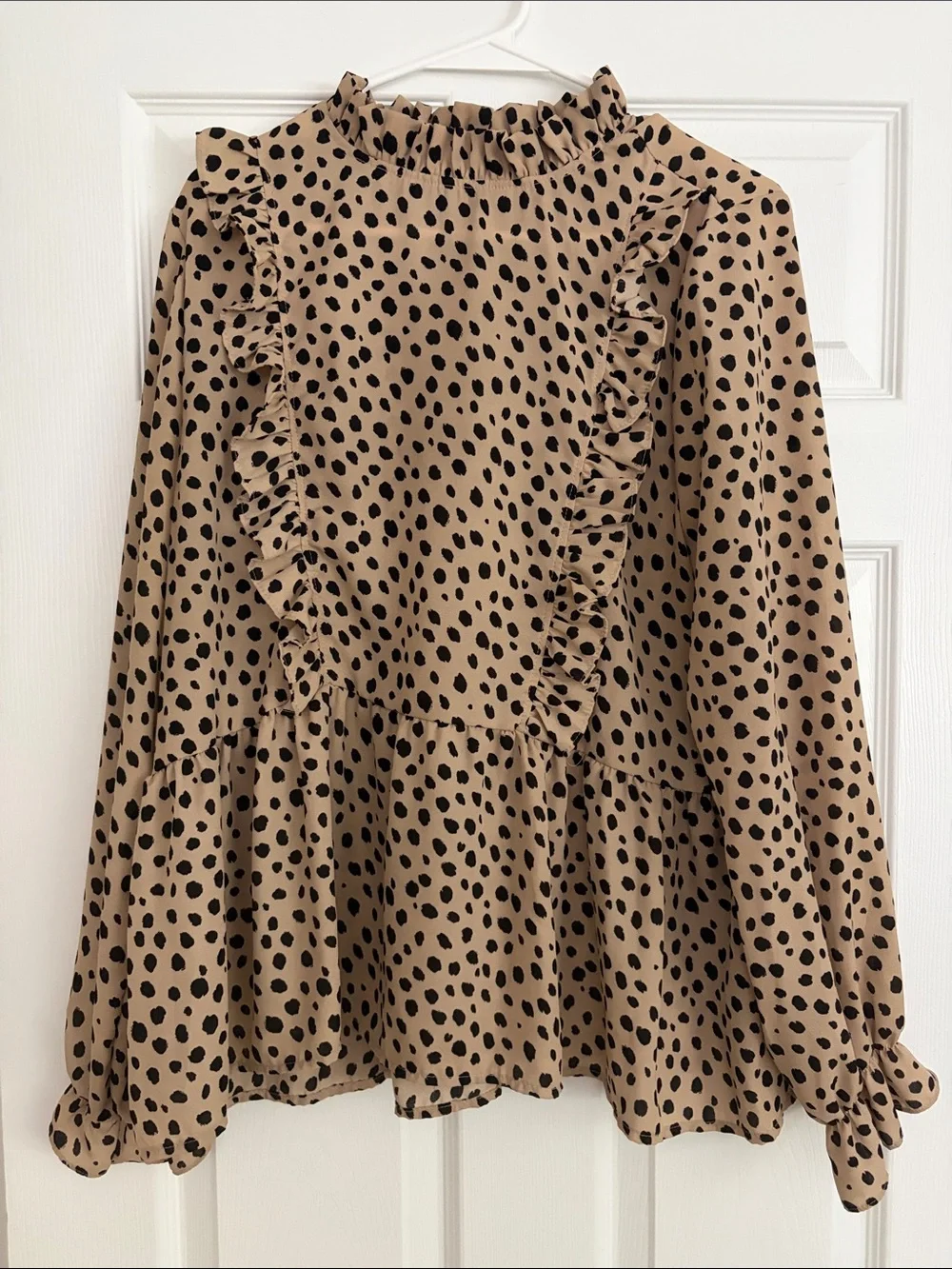 Lovely Melody Beige and Black Ruffle Polka Dot Blouse